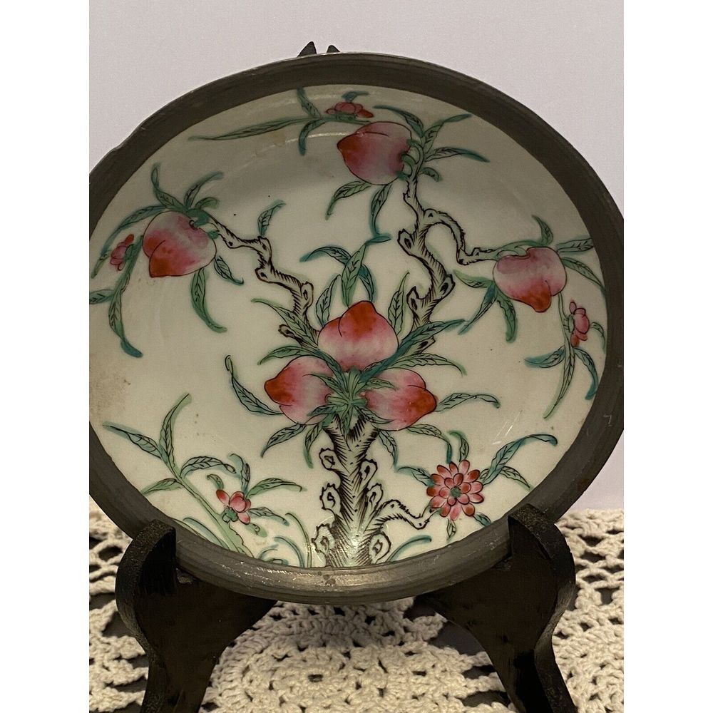 Vintage Japanese Porcelain Ware Hand Painted In Japan, Pewter Encased Bowl.
